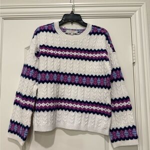 LOFT White and Purple Patterned Crew Neck Sweater